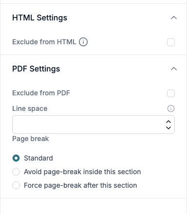 The HTML Settings group with Exclude from HTML, and the PDF Settings group with Exclude from PDF, Line space and Page break