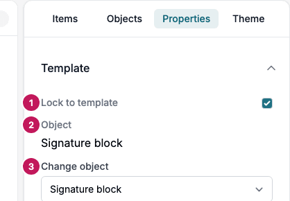 The Template group of a section that is locked to an object, with Lock to template, Object and Change object numbered 1 to 3