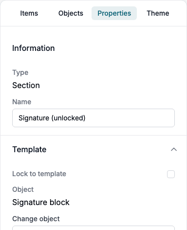 The properties of a section that is not locked: Information with the name, and the Template group with Lock to template off