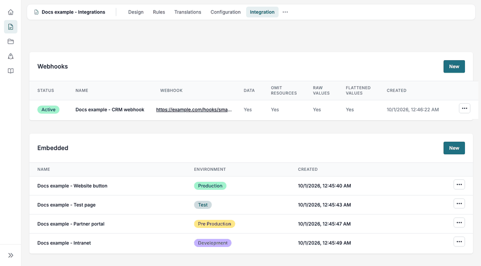 Creating an Embedded integration: the Integration tab, New, the name typed, Production chosen, Create, and the new row. Then View and the Link option.