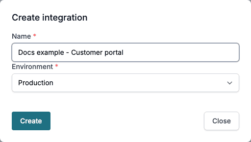 The Create integration dialog with a Name and the Environment set to Production.