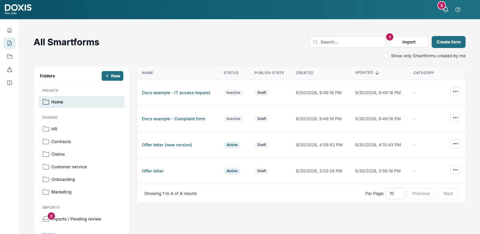 The Smartforms page with three numbered markers: 1 the Import button, 2 the Imports / Pending review folder in the folder list, and 3 the Recent imports bell in the top bar.