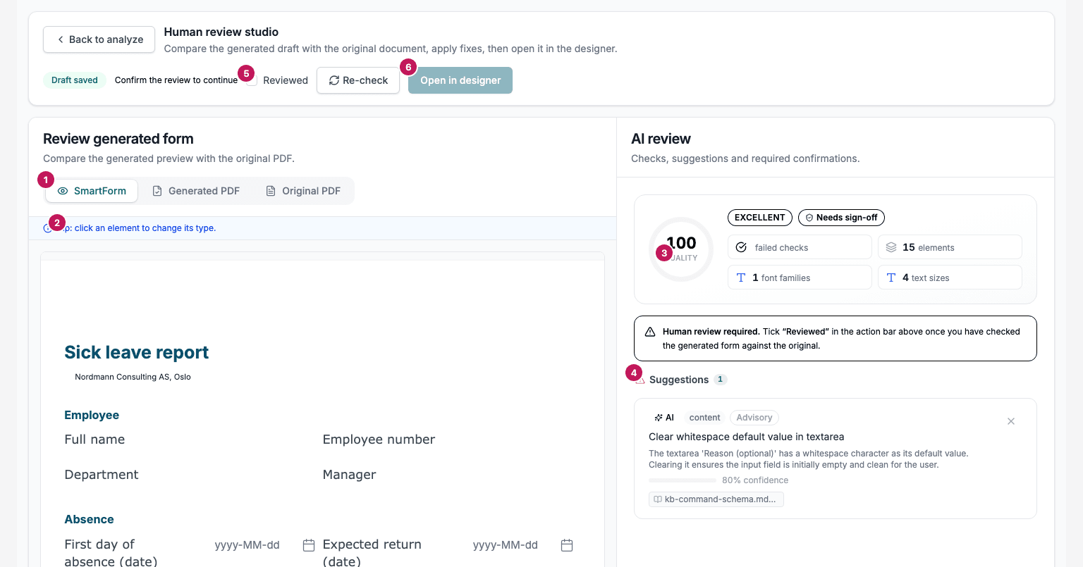 The Human review studio. The left side shows the generated form with the tabs SmartForm, Generated PDF and Original PDF. The right side shows AI review with a quality score. Six markers show the tabs, the tip, the score, the suggestions, the Reviewed box and the Open in designer button.