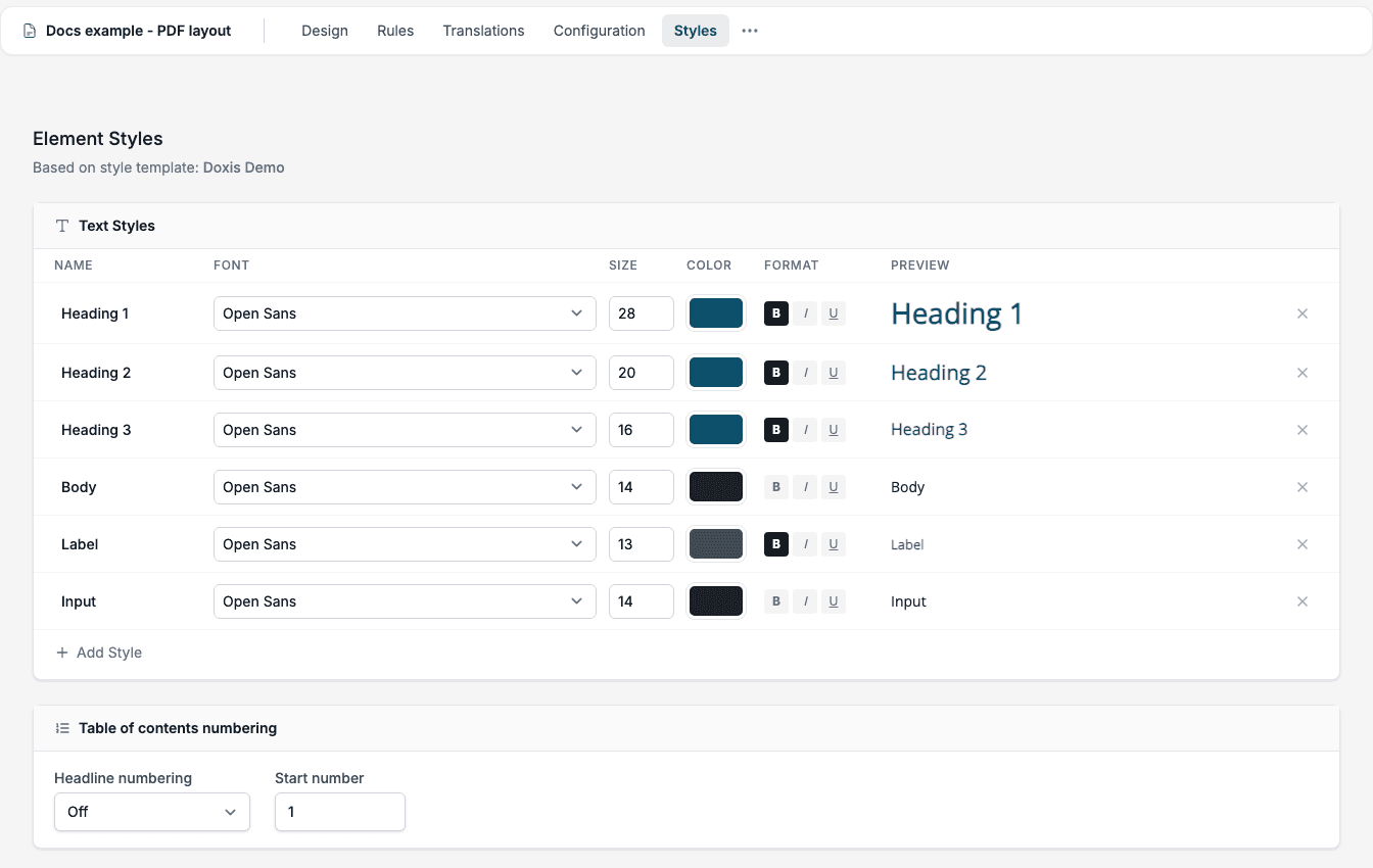 The Styles tab with the Text Styles table and the Table of contents numbering card.