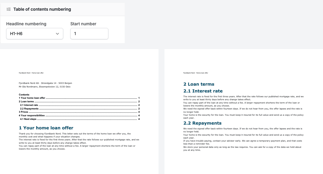 The Table of contents numbering card set to H1-H6 with start number 1, and two PDF pages. The table of contents lists 1 Your home loan offer, 2 Loan terms and 2.1 Interest rate, and the headings on the pages carry the same numbers.