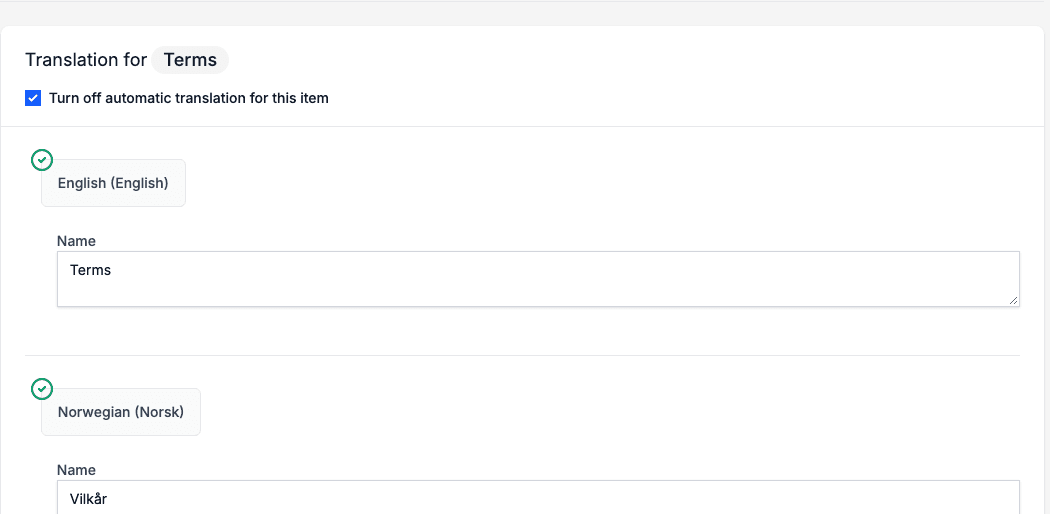 The Terms section with Turn off automatic translation for this item ticked, and its English and Norwegian names