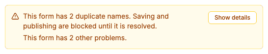 The banner above the editor says the Smartform has 2 duplicate names and 2 other problems