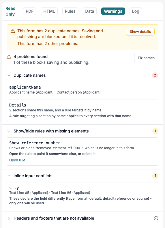 The Warnings tab lists the problems in four groups: Duplicate names, Show/hide rules with missing elements, Inline input conflicts and Headers and footers that are not available