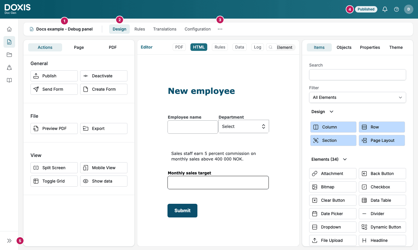 A Smartform open in the Design tab, with the menu collapsed to icons and numbered parts