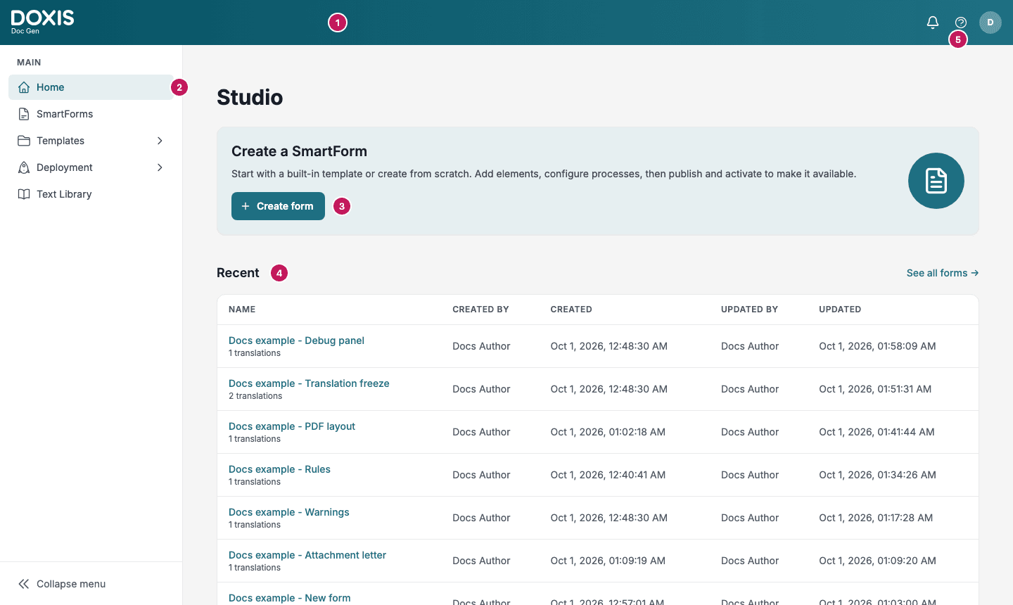 Studio Home with the top bar, the left menu, the Create a SmartForm card and the Recent list numbered 1 to 5