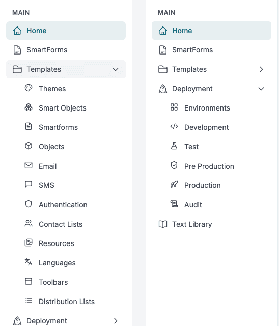 The left menu with Templates open on the left and Deployment open on the right