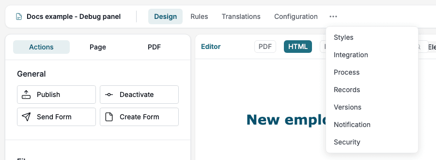 The More options menu with Styles, Integration, Process, Records, Versions, Notification and Security