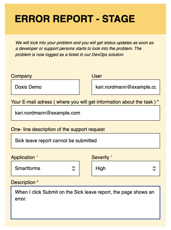 The Error registration form filled in with example text