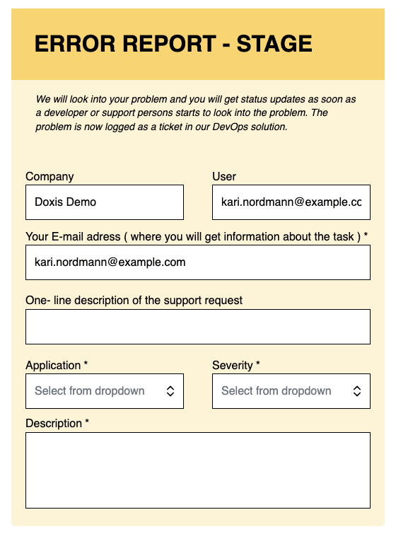 Filling in the Error registration form