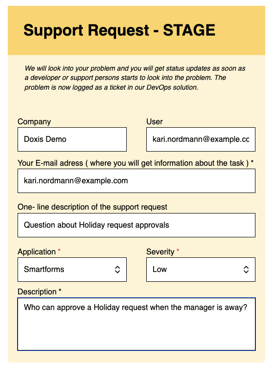 The Support request form filled in with example text