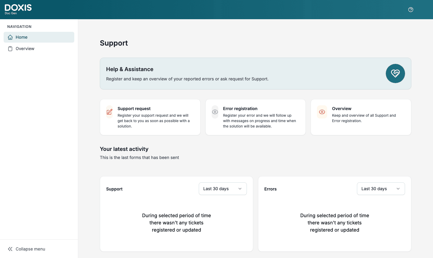 The Support home screen