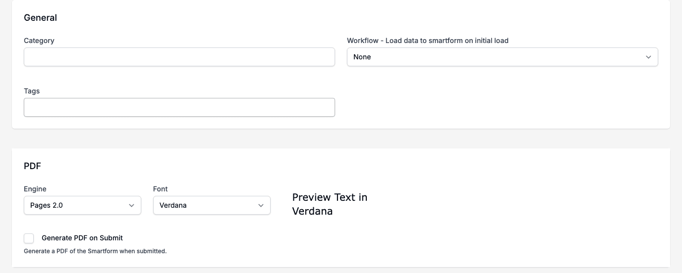 The General and PDF sections of the Configuration page: Category, Workflow and Tags, then Engine, Font and Generate PDF on Submit