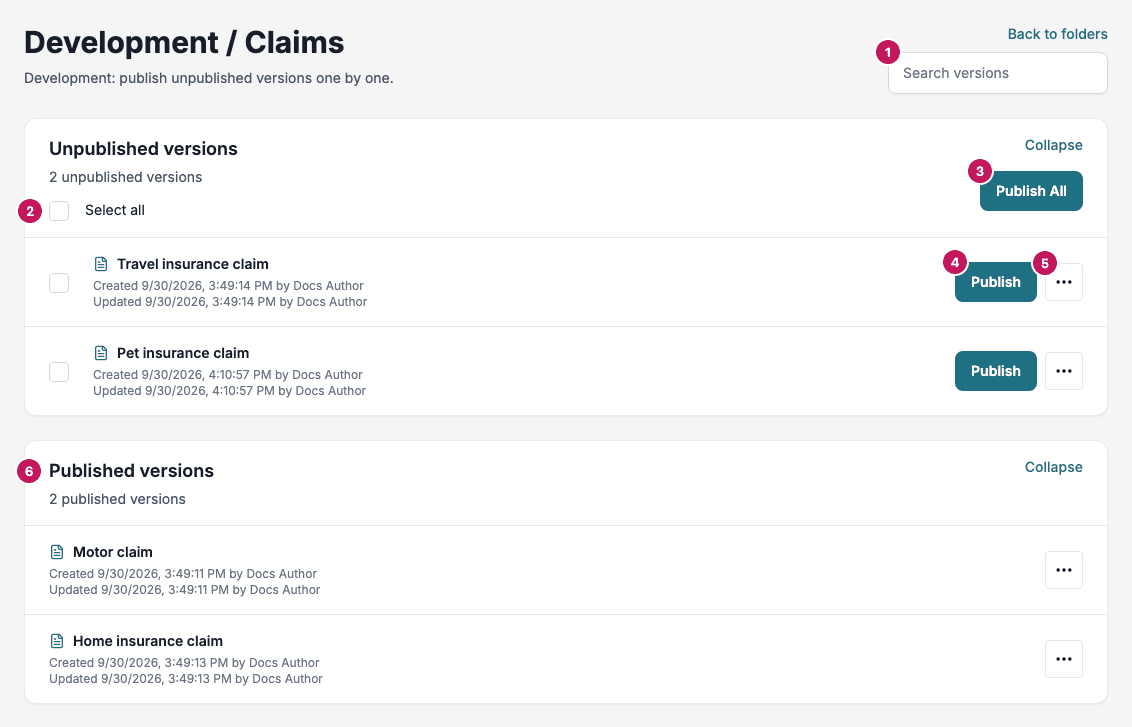 The Claims folder page in Development with numbered badges on the search box, Select all, Publish All, a row's Publish and actions buttons, and Published versions.