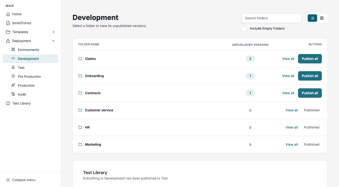 Opening the Claims folder from the Development page with View all.