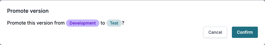 The Promote version dialog with Cancel and Confirm.