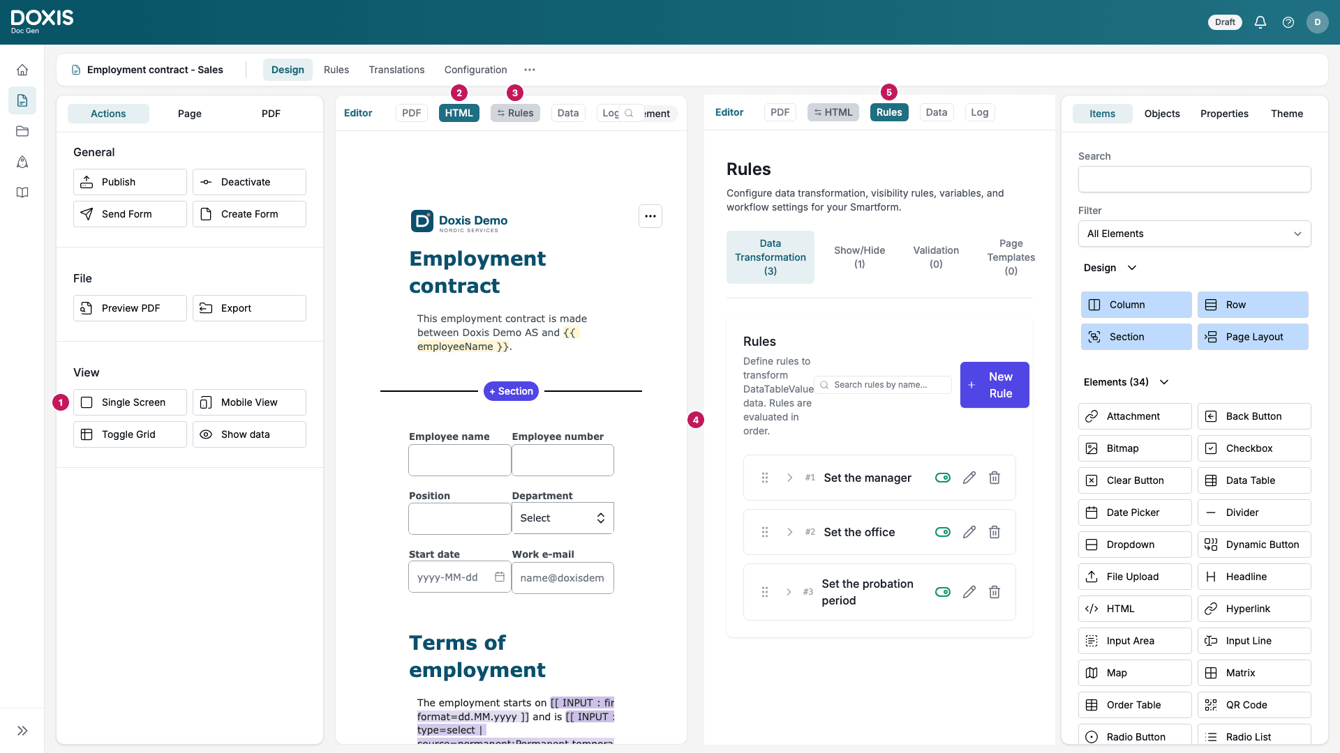Split Screen with the HTML view in the left pane and the Rules view in the right pane, numbered 1 to 5