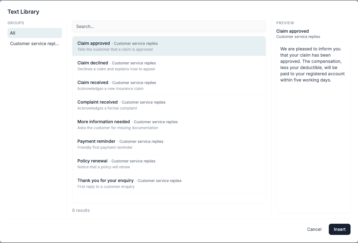 The Text Library window. Groups lists All and Customer service replies. Eight texts are listed with their folder, Claim approved is selected, and its text is shown under Preview.