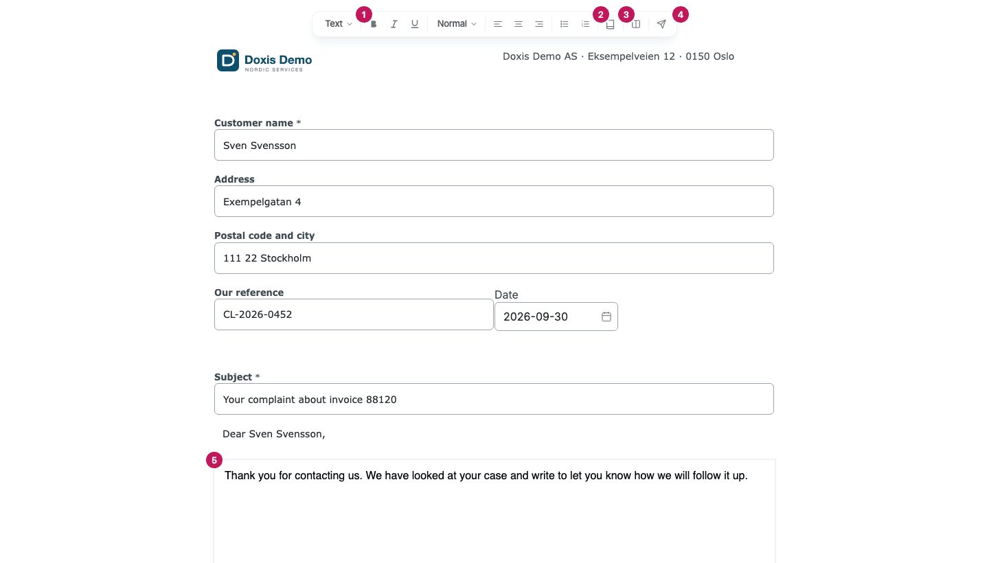 A Doc Composer form with five numbered parts: the formatting buttons, the Text Library button, the Split Screen button, the send button, and the text field of a customer letter.