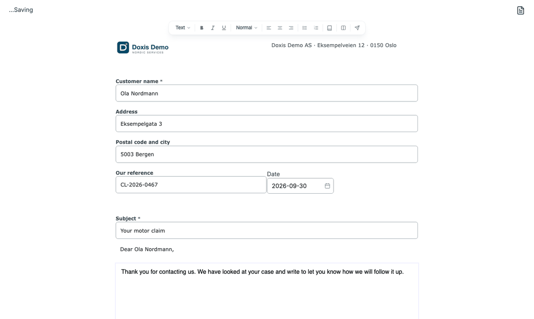 Inserting a text into a customer letter: the Text Library search opens, claim is typed, the list shows Claim approved, Claim declined and Claim received, and clicking Claim received adds its text to the letter. The label at the top left then shows Saved.