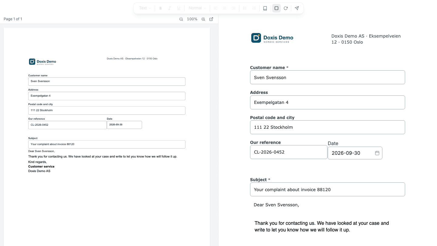 The form in split screen: on the left the PDF of a customer letter, page 1 of 1, and on the right the form with the same letter.