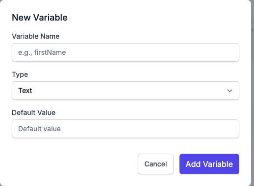 The New Variable dialog with Variable Name, Type and Default Value