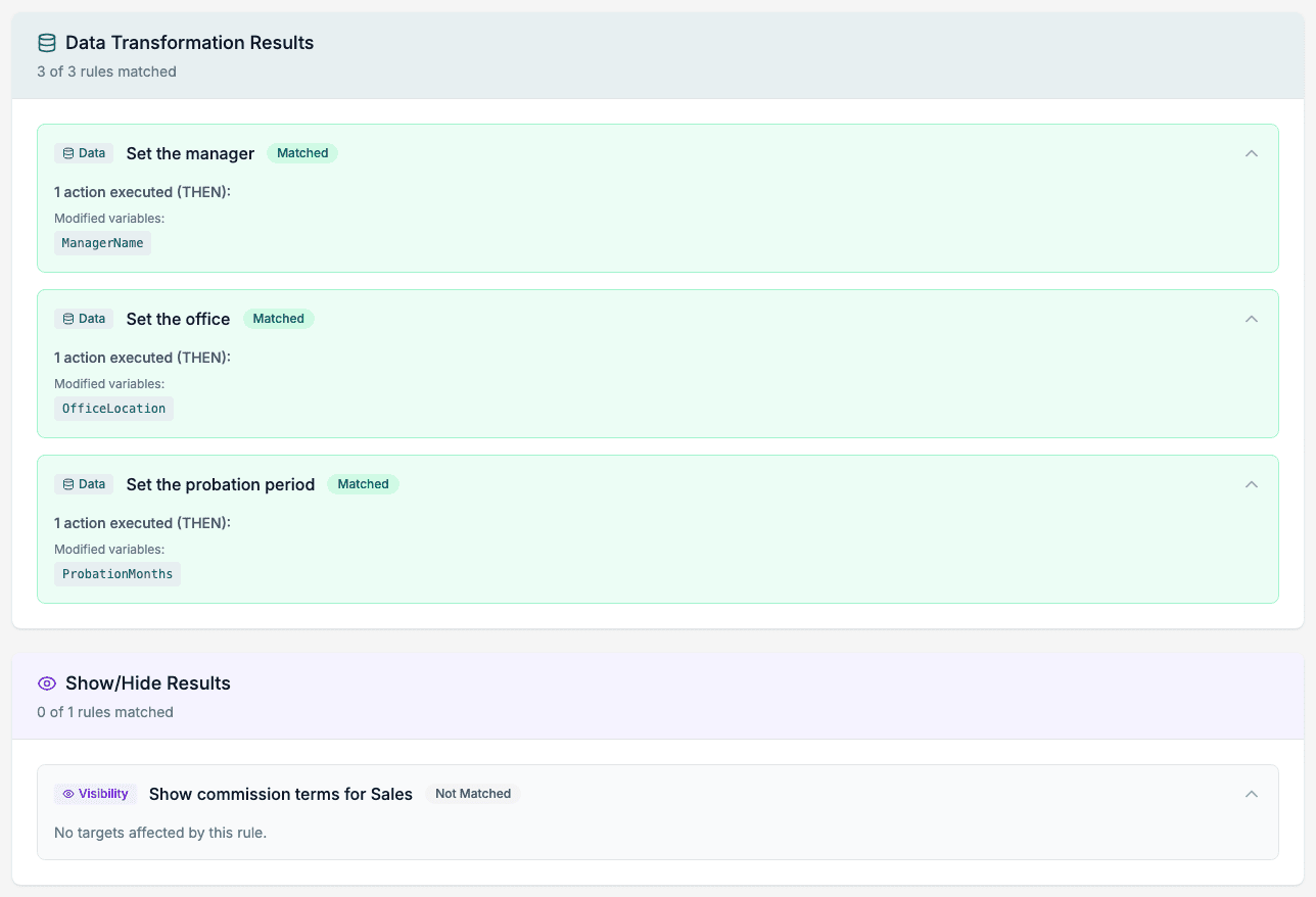 Data Transformation Results with three matched rules and the variables each one changed, and Show/Hide Results with one rule that did not match