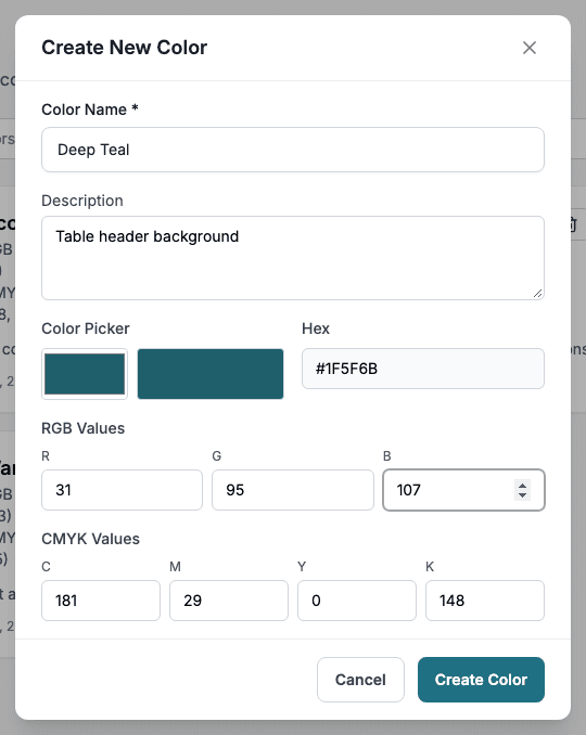 The Create New Color dialog