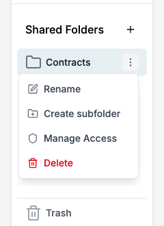 The folder menu with Rename, Create subfolder, Manage Access and Delete