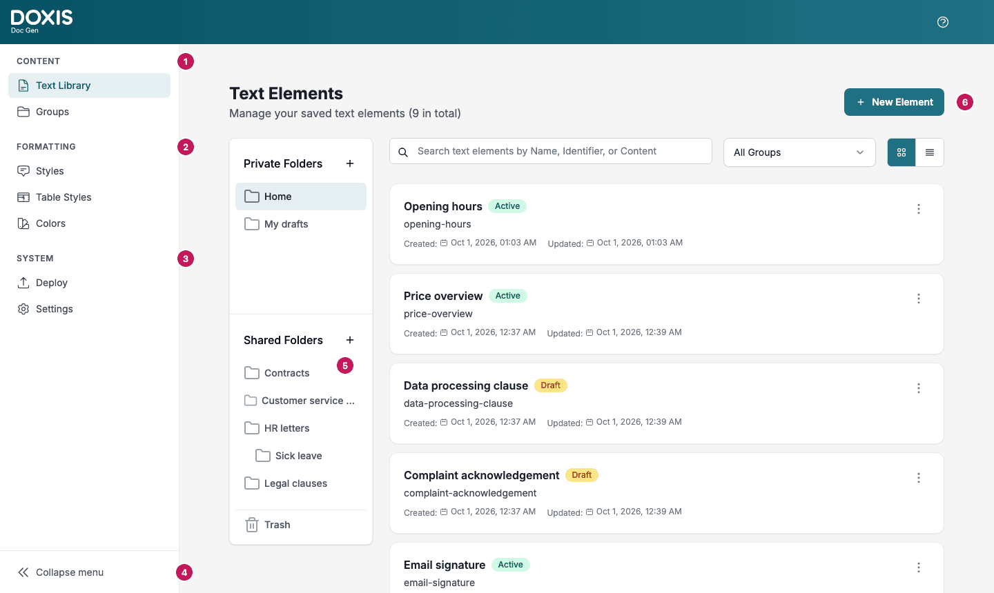 The Text Library with numbered markers on the menu, the folders and the New Element button
