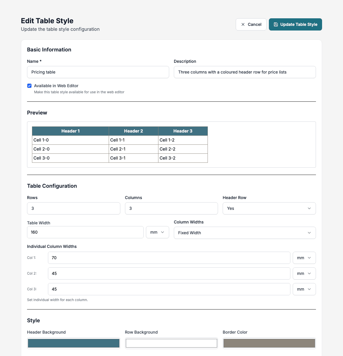 The table style page with preview and configuration