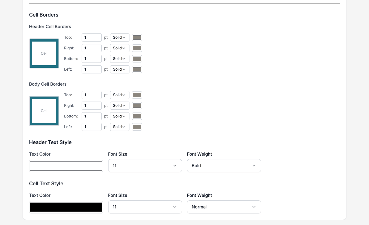 Cell borders and text settings