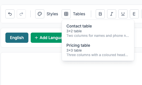 The Tables menu in the editor