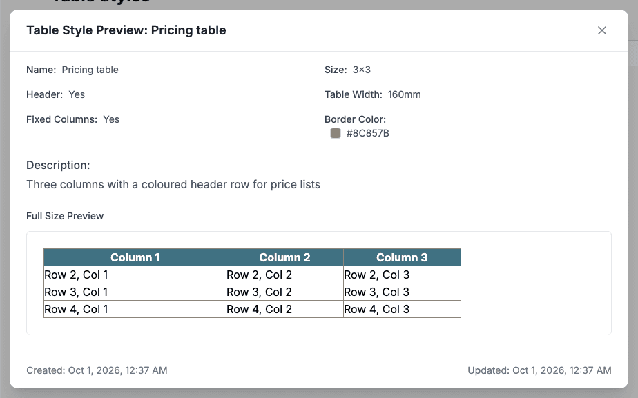 The Table Style Preview dialog