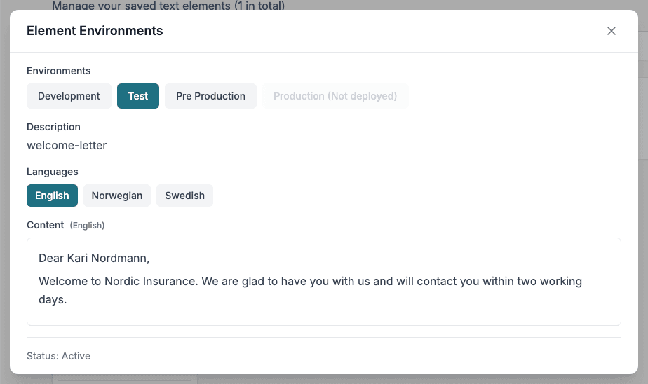 The Element Environments dialog with the Test tab selected