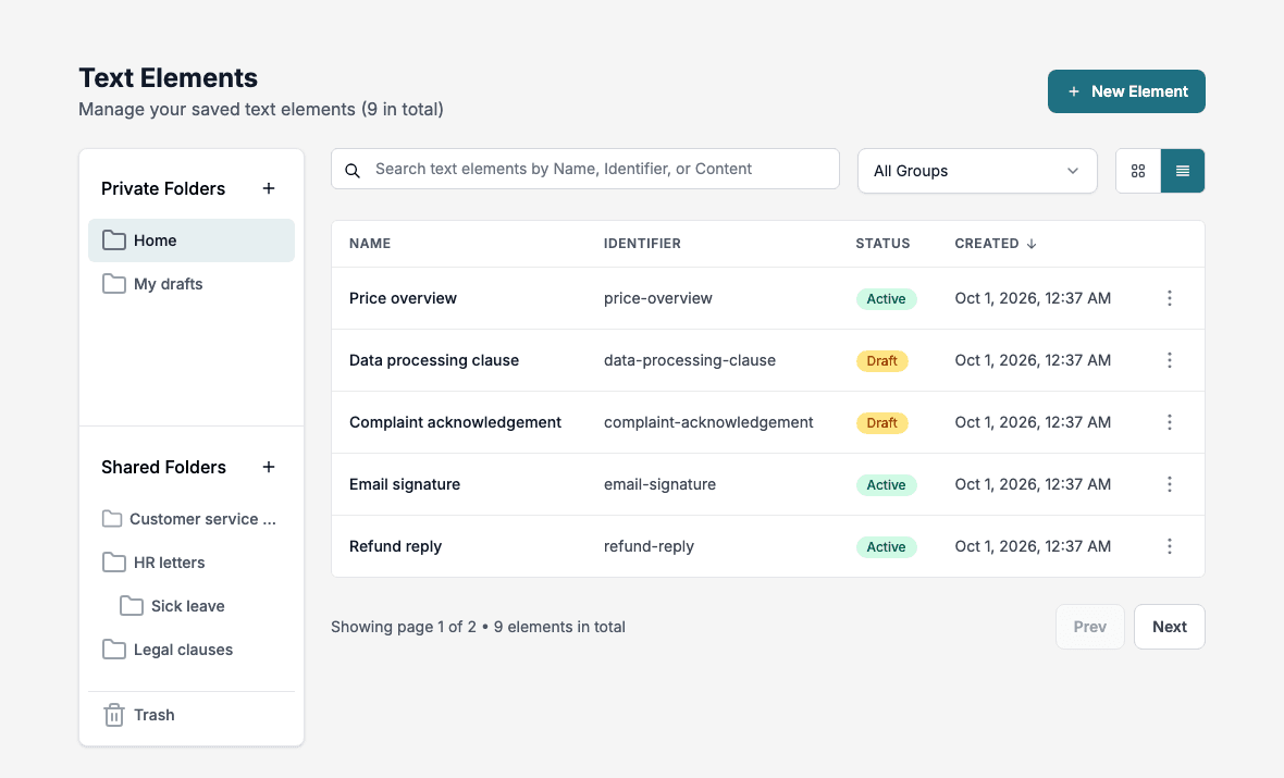 The Text Library in list view with sortable columns
