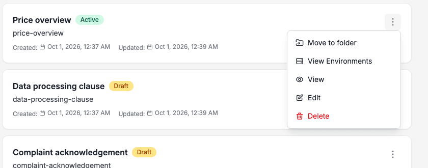 The row menu with Move to folder, View Environments, View, Edit and Delete