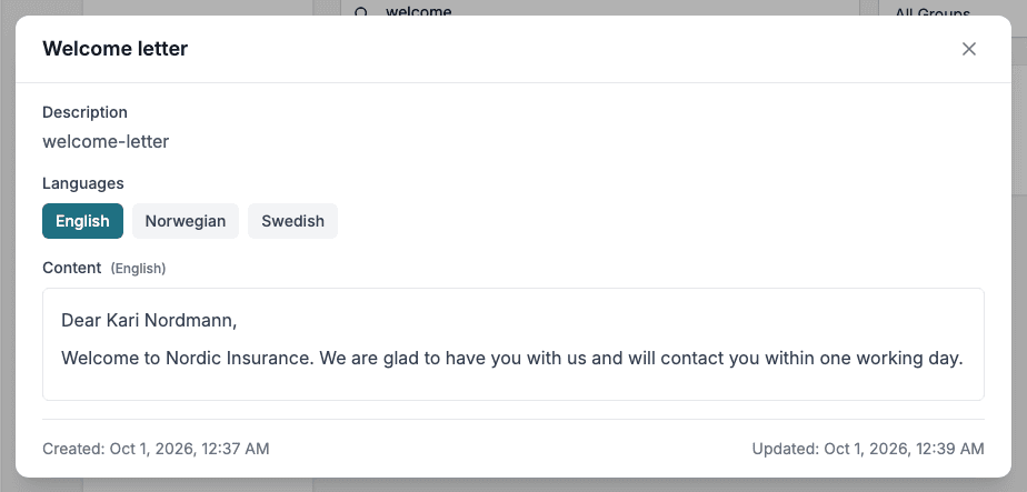 The View dialog for a text