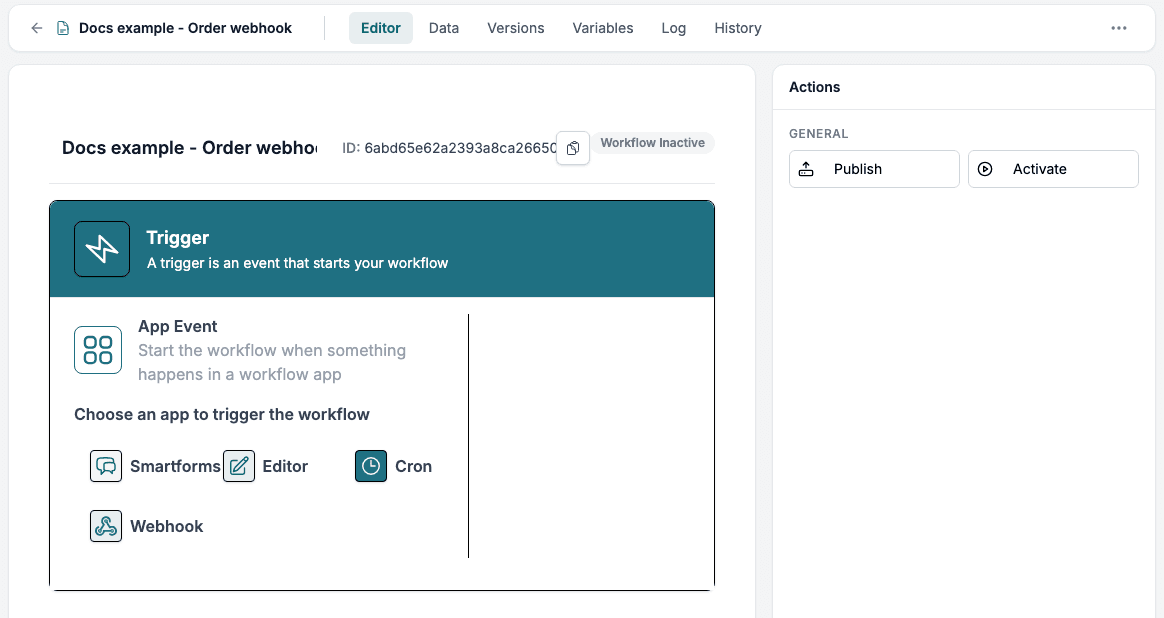 The trigger choices in a new workflow